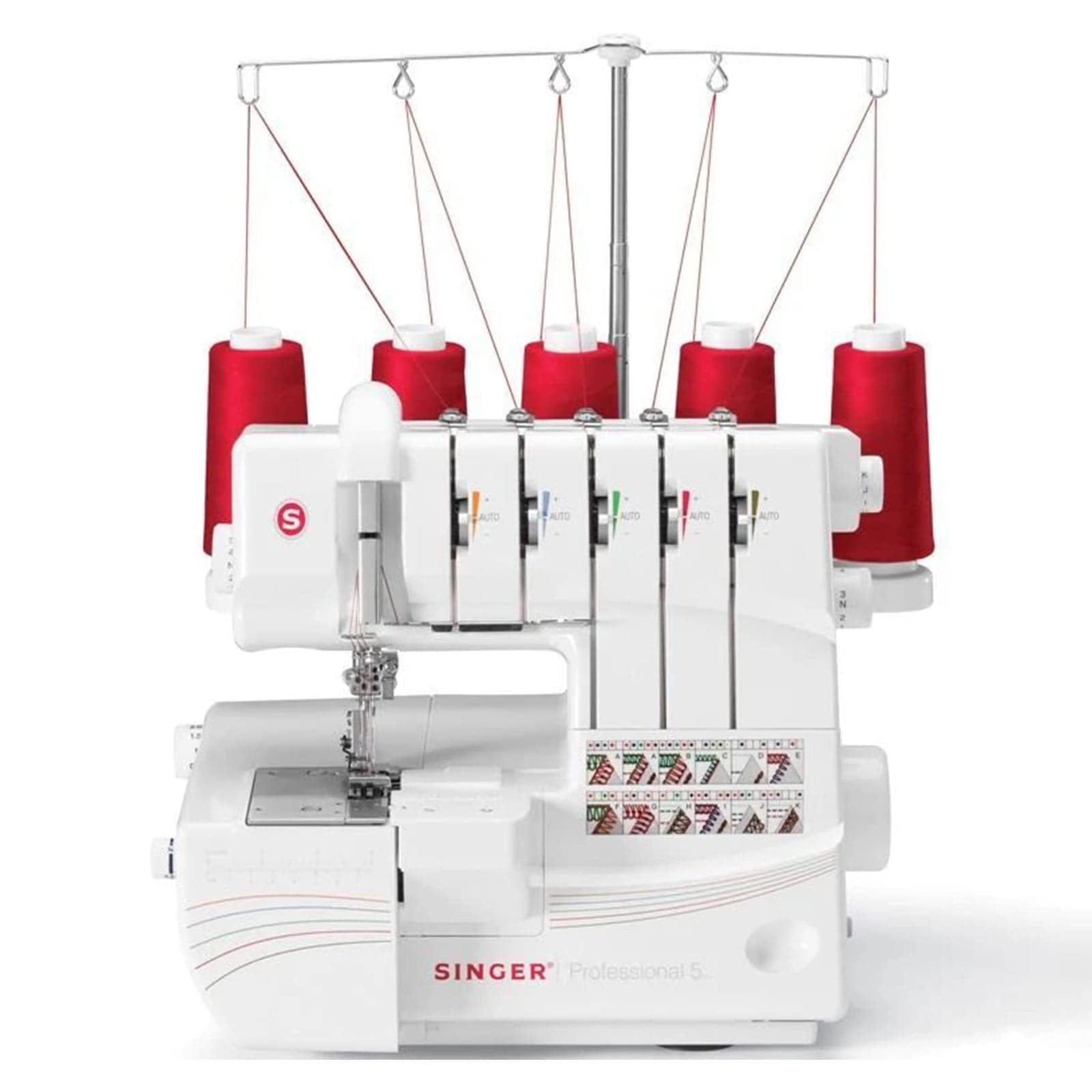SINGER Professional 5 14T968DC mit fünf roten Garnkonen, Vorderansicht