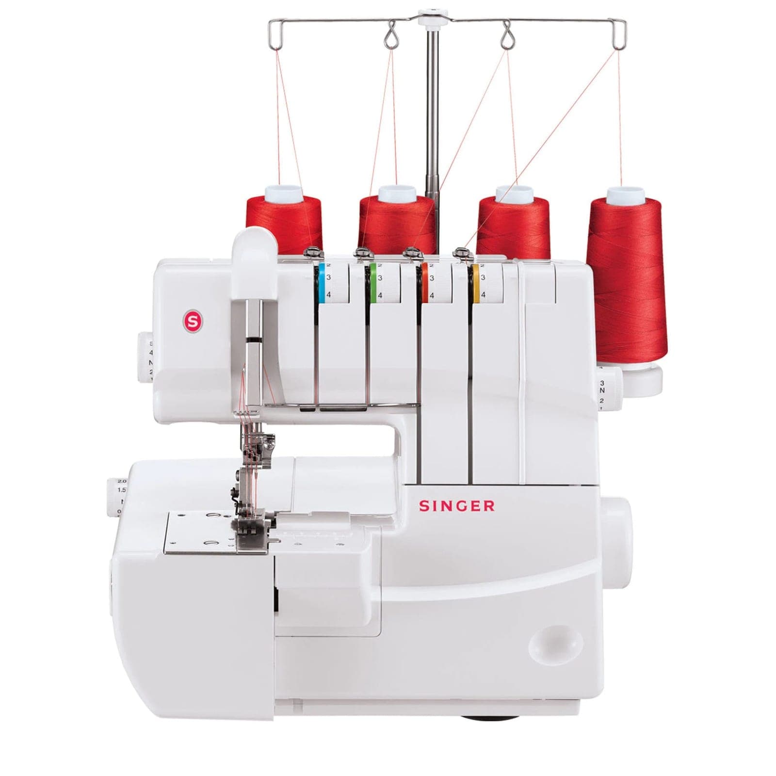 SINGER Coverstich 14T970 mit vier roten Garnkonen, Vorderansicht