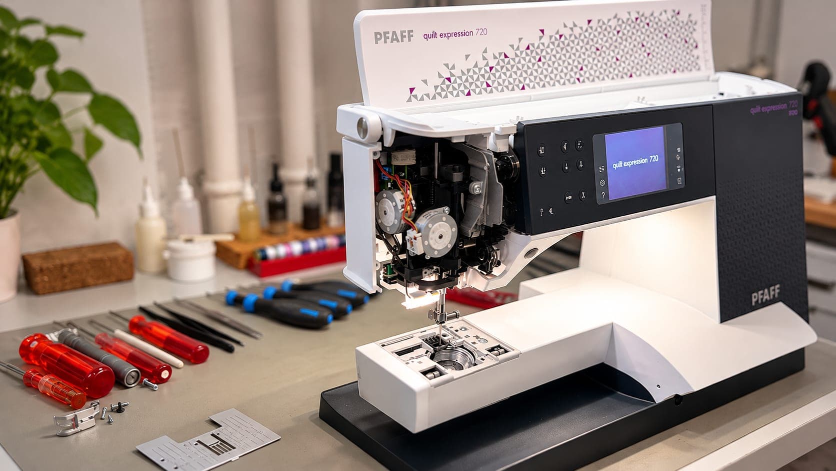 Geöffnete PFAFF quilt expression 720 mit Werkzeug auf der Werkbank